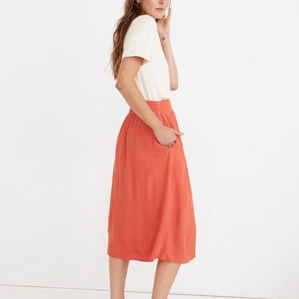 Madewell Button Front Smocked Midi Skirt Womens M Coral Orange NA234